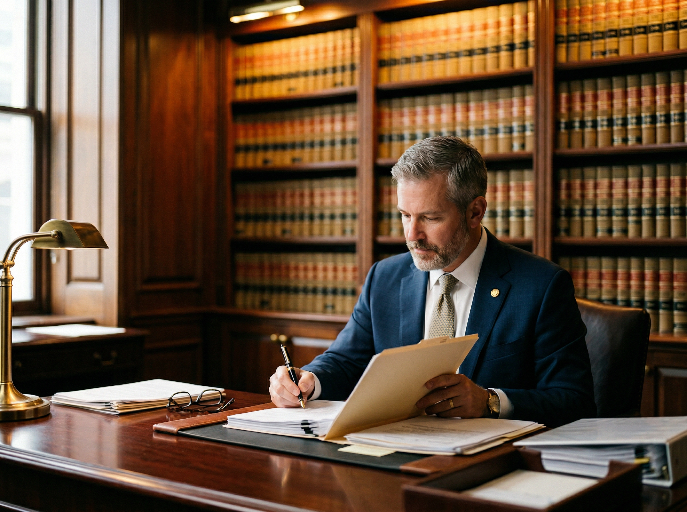 Attorney reviewing documents at desk