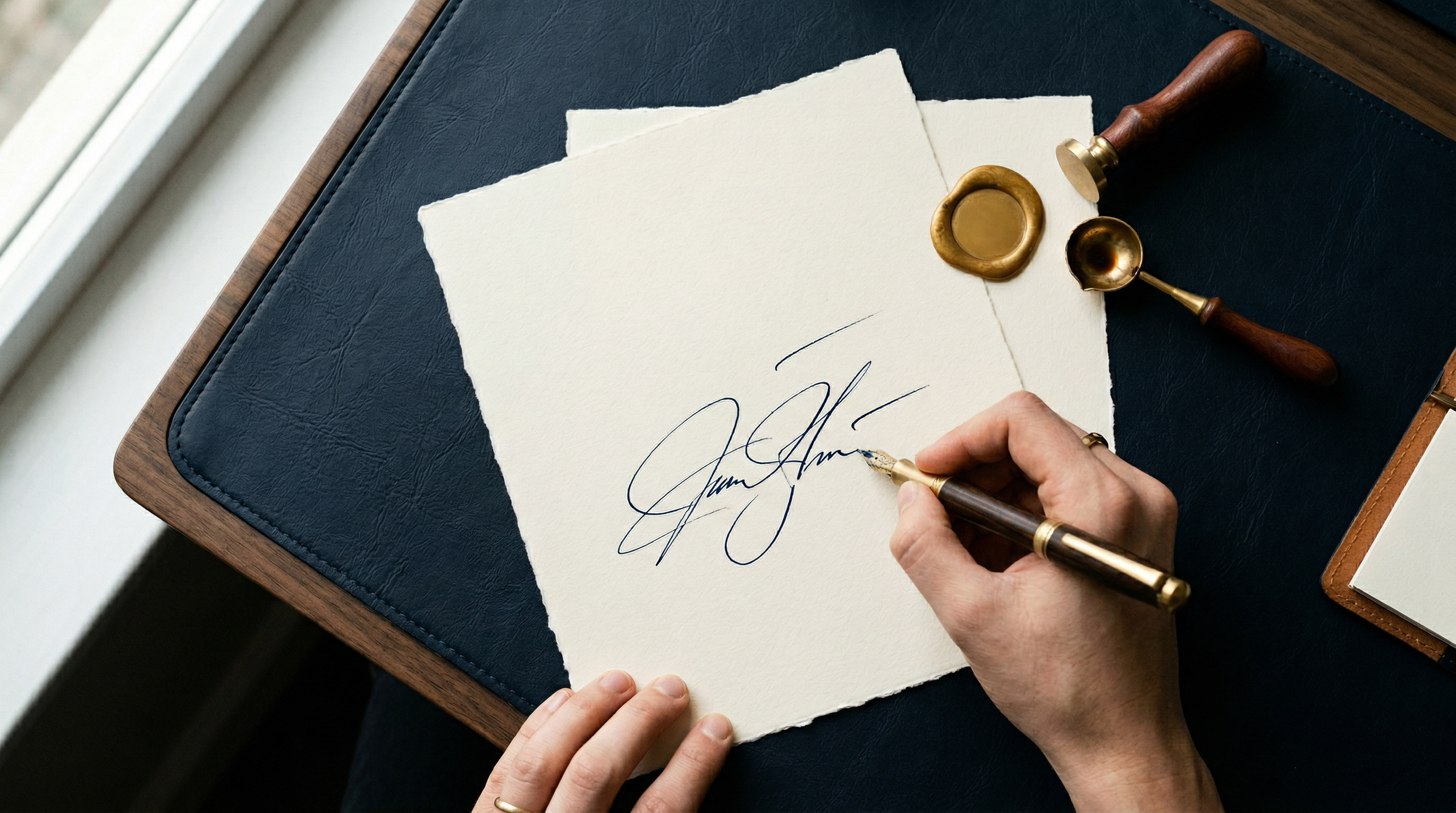 Attorney signing a document with a fountain pen and wax seal